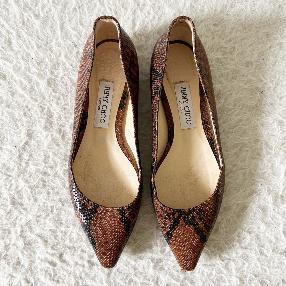 Jimmy Choo Romy Brown Snakeskin Python Pointed Toe Flats Size EU 38